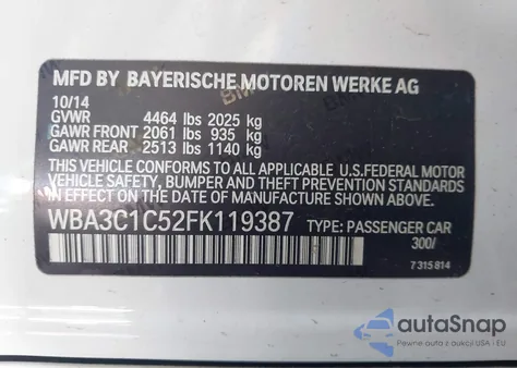 2015 BMW 328I from USA, damaged, VIN WBA3C1C52FK119387